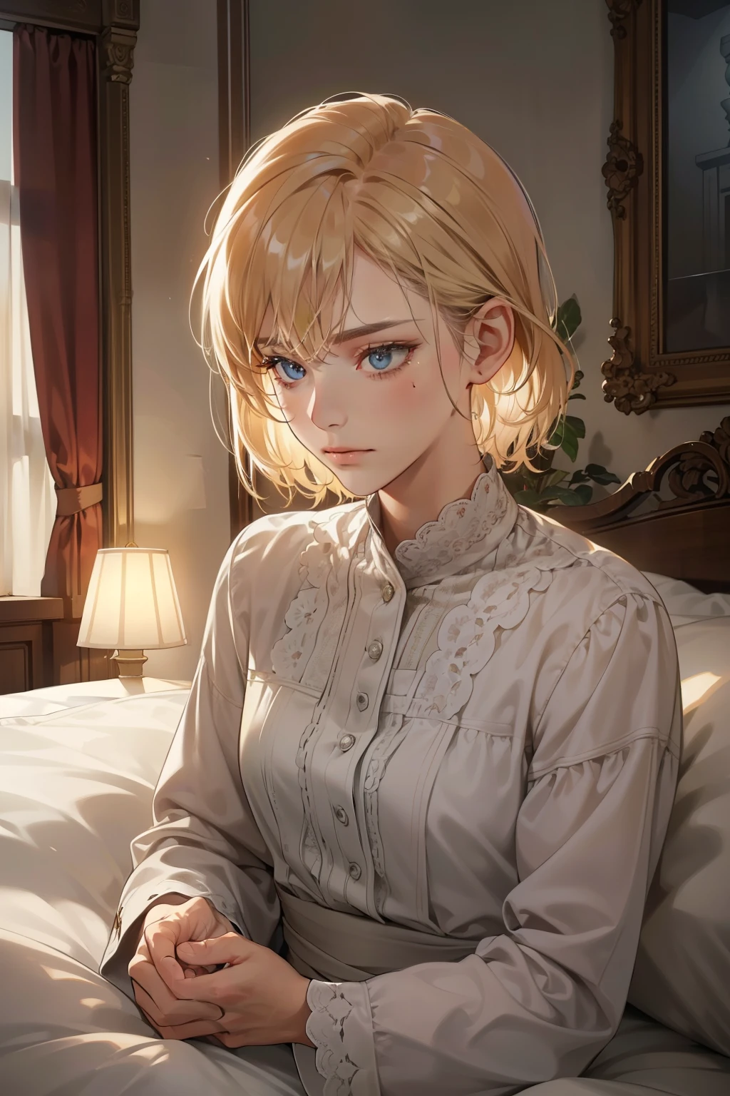 (Deep in thought, ultra-detailed, contemplative expression, thoughtful eyes, wrinkles of concentration, soft skin:1.2), dimly lit room, (8k, best quality, soft focus), (intimate moment:1.4), (high resolution:1.4),
(Single hand touching the edge of the bed, reflecting the soft glow of the nearby lamp, close up of his face showing the lines of worry, a distant look in his eyes as he recalls their shared memories).