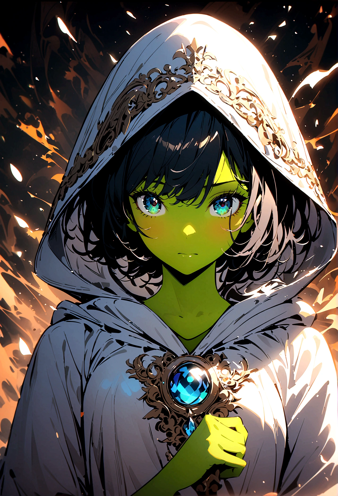 Woman green skin, short black hair, long white hood