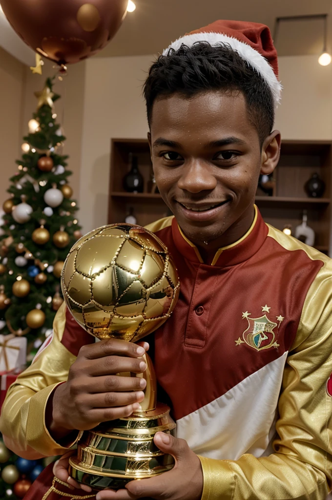 Create an image depicting Vinicius Junior celebrating joyously with the Ballon d'Or trophy amidst a festive and cheerful atmosphere. Ensure Vinicius Junior's expression conveys utmost happiness and pride in receiving the award.