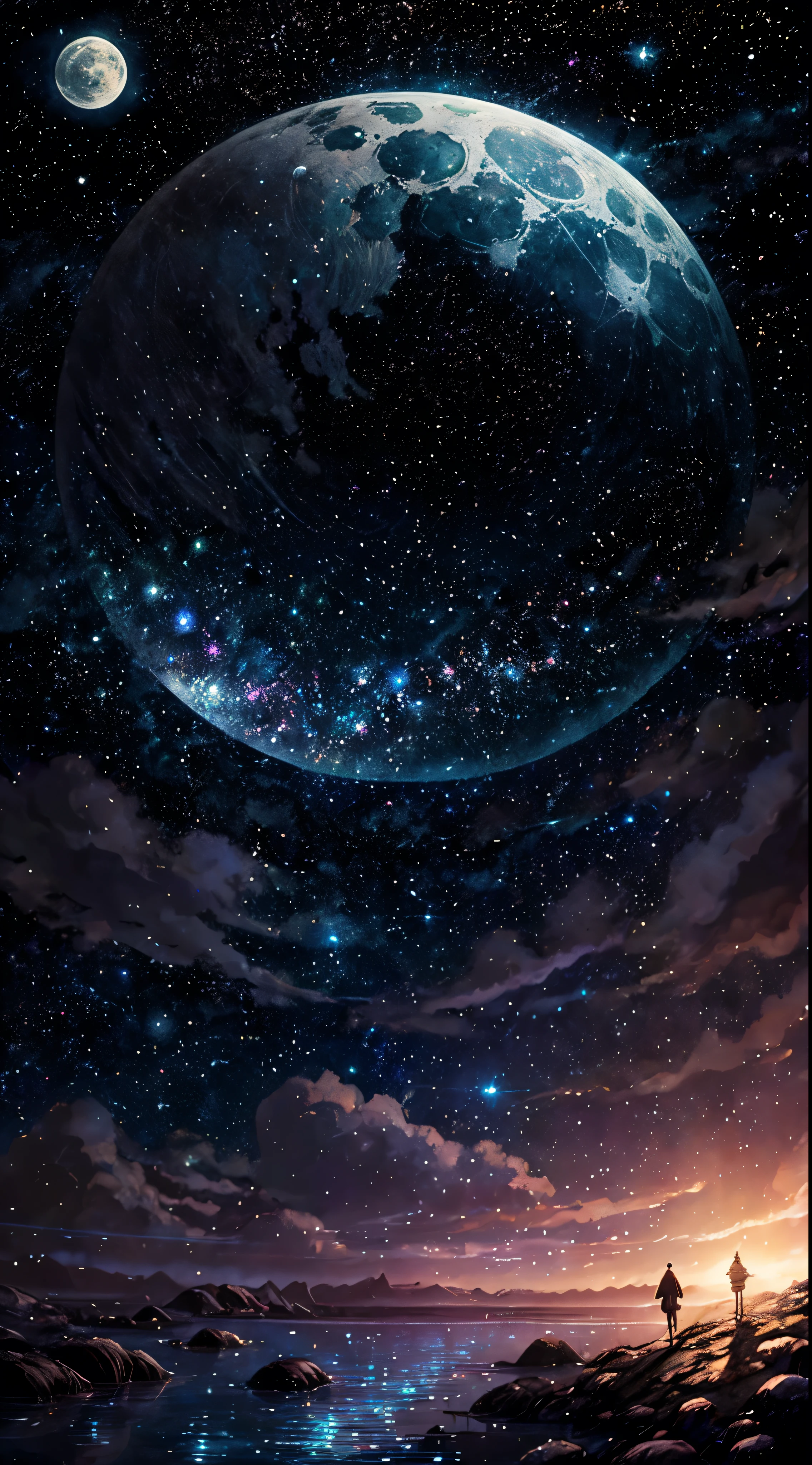 A highly condensed beauty dressed in a painting of stars and moons in the river and sky, concept art inspired by Tosa Mitsuoki, pixiv competition winner, best quality, fantasy art, beautiful anime scenes, a round of bright moon, starry sky environment in the moonlight, dream painting, anime background art, dream landscape art, fantastic night, anime background, background artwork, fantastic art, atmospheric anime, starry sky, detail enhancement.  