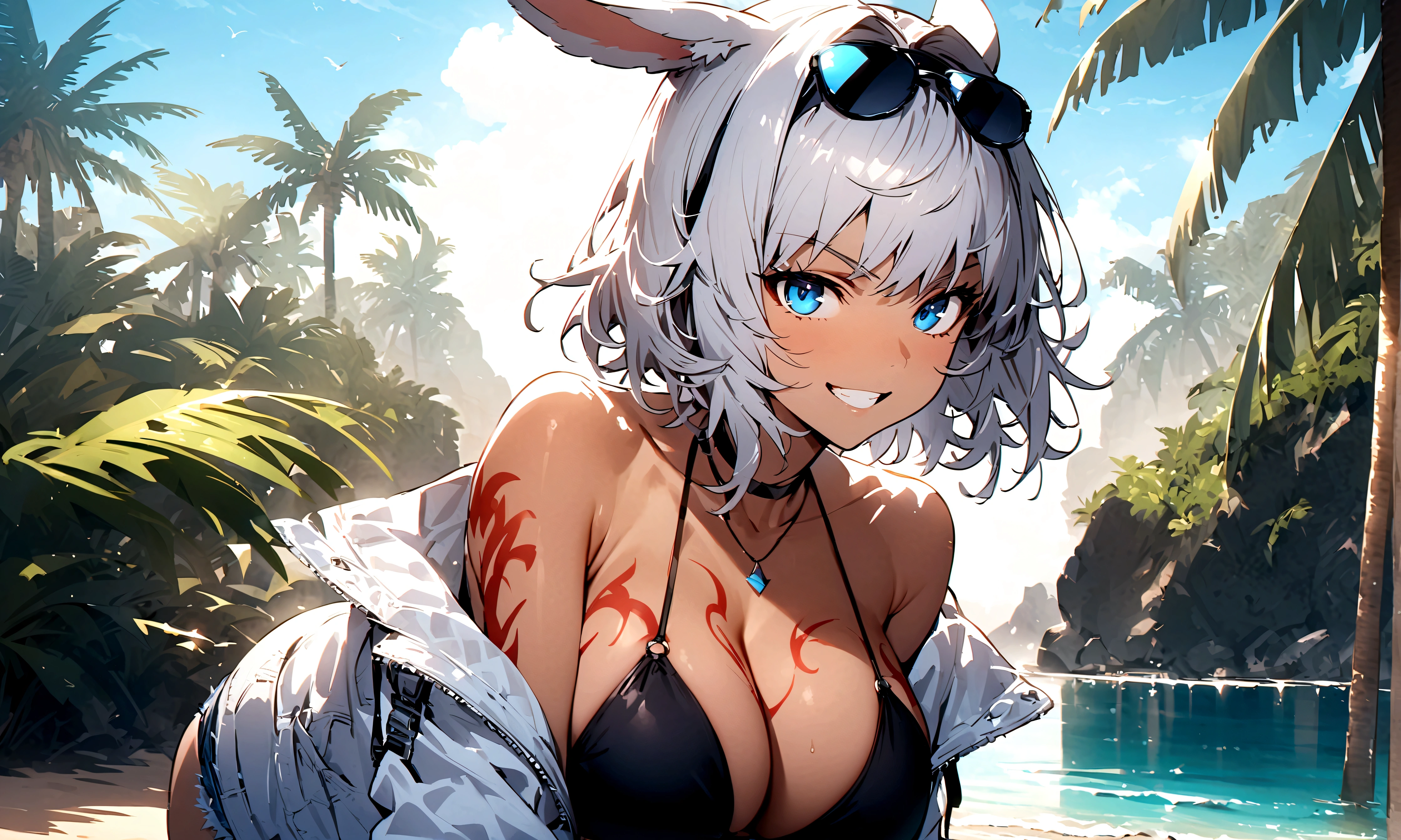 (masterpiece、Highest quality:1.2)、caenis、FGO、summer、bikini、One girl、solo、Big Breasts、Staring at the audience、smile、short hair、Gray Hair、bangs、blue eyes、Animal Ears、Cleavage、Bare shoulders、Swimwear、White jacket、Denim shorts、Open clothes、hair band、、smile、黒のbikini、sunglasses、Glasses on head、Body pattern、White nails、Beach、Palm tree