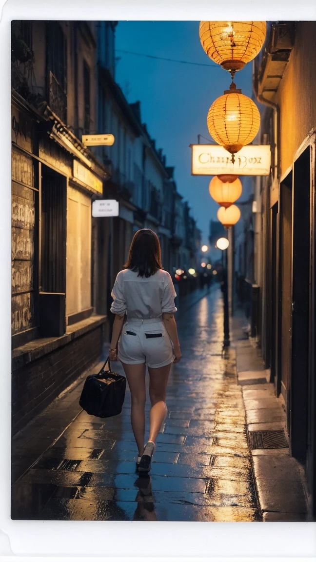 1fille,seulement,cheveux longs,peau rugueuse,(regarder le spectateur:1.2),cheveux humide,micro_shorts,sombre,polaroïd,(profondeur_de_Champ:1.5),jours de pluie,en plein air,rue,cheveux entre les yeux,éclairage maussade,effet Tyndall,éclairage cinématographique,nuit,lampadaire,reflet,lumière disponible,lumière de jante,néons lumineux,courbée,Chinois_style,