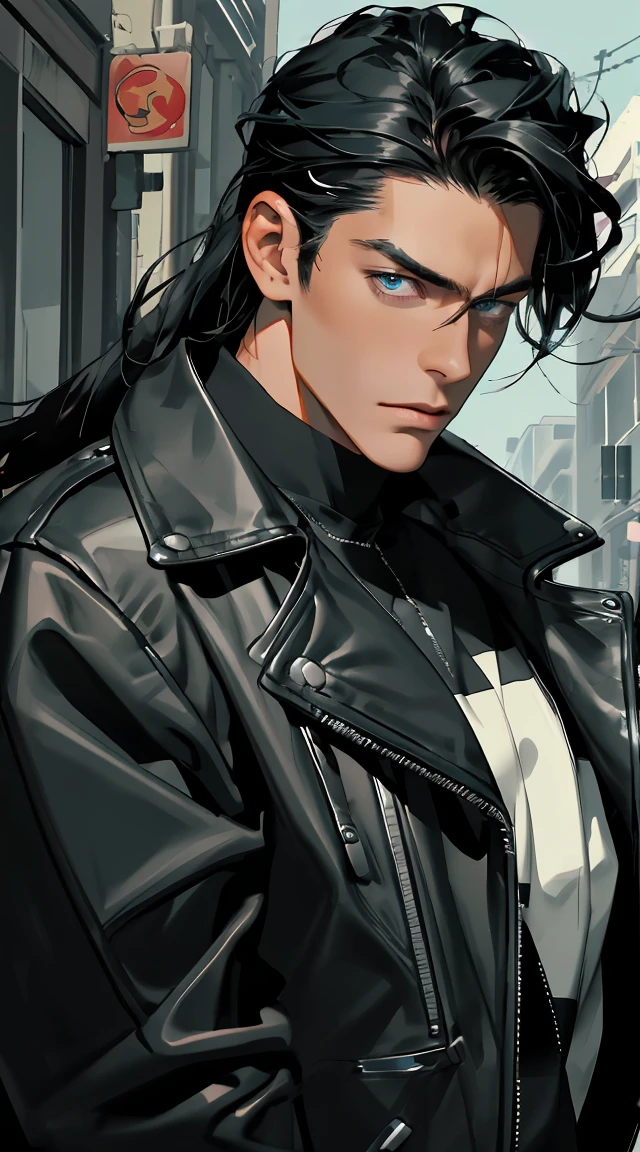 a handsome man in a black leather jacket, at a street, leaning on a motorcycle, ready for action, trunk, Bblack hair, long hair, blue colored eyes, close up,Biker (looking at the camera), (Candid, amator), (cru, 8K, ultra HD, Fujifilm XT3),