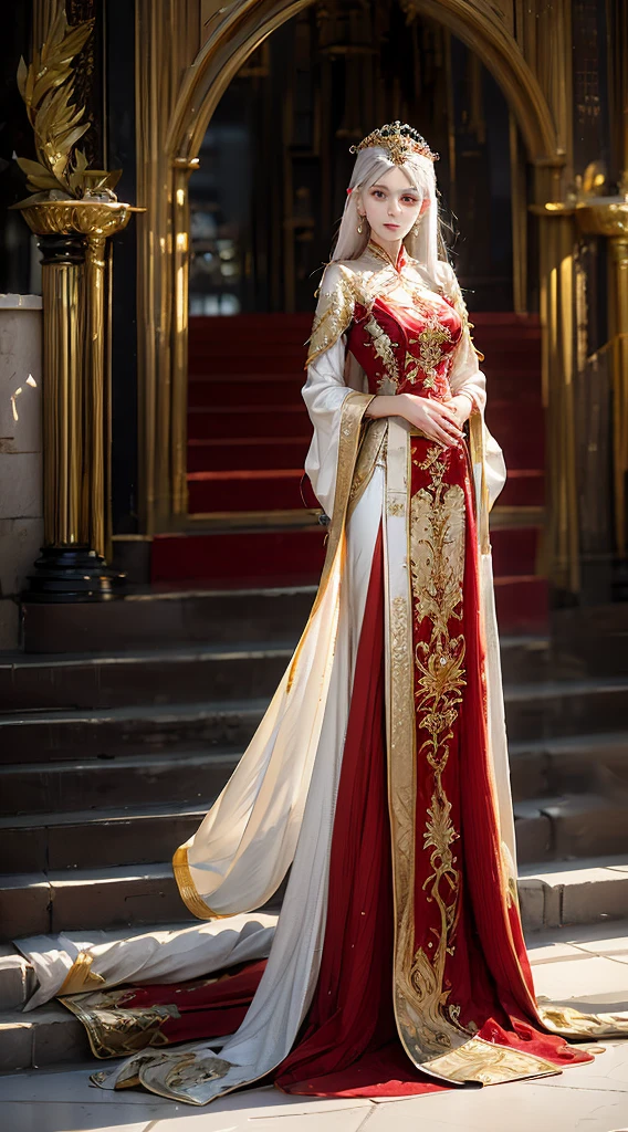Photorealistic, high resolution, 1 woman, Hips up, Beautiful eyes, White hair, Long hair, tattoo, jewelry, ringed eyes, red and gold dress, tiara, kneeling, two heads on one body,
