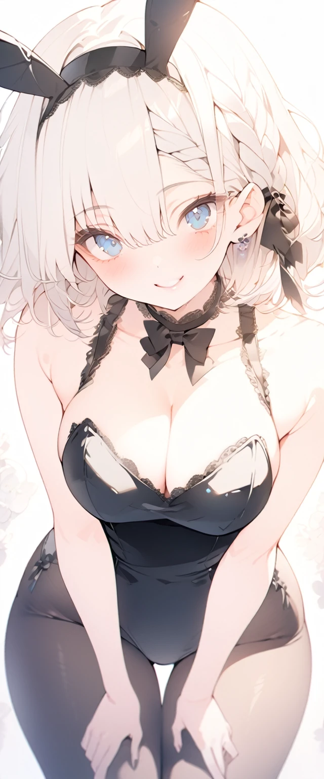 beautiful, masterpiece, Highest quality, anime, One girl,Portrait Shot, View your viewers, Covered、Short Hair、nearby、Blue Eyes、art、White hair,black streaked hair、Thighs、Braid、Bright、smile、Cleavage、 Bunny girl、black tights、