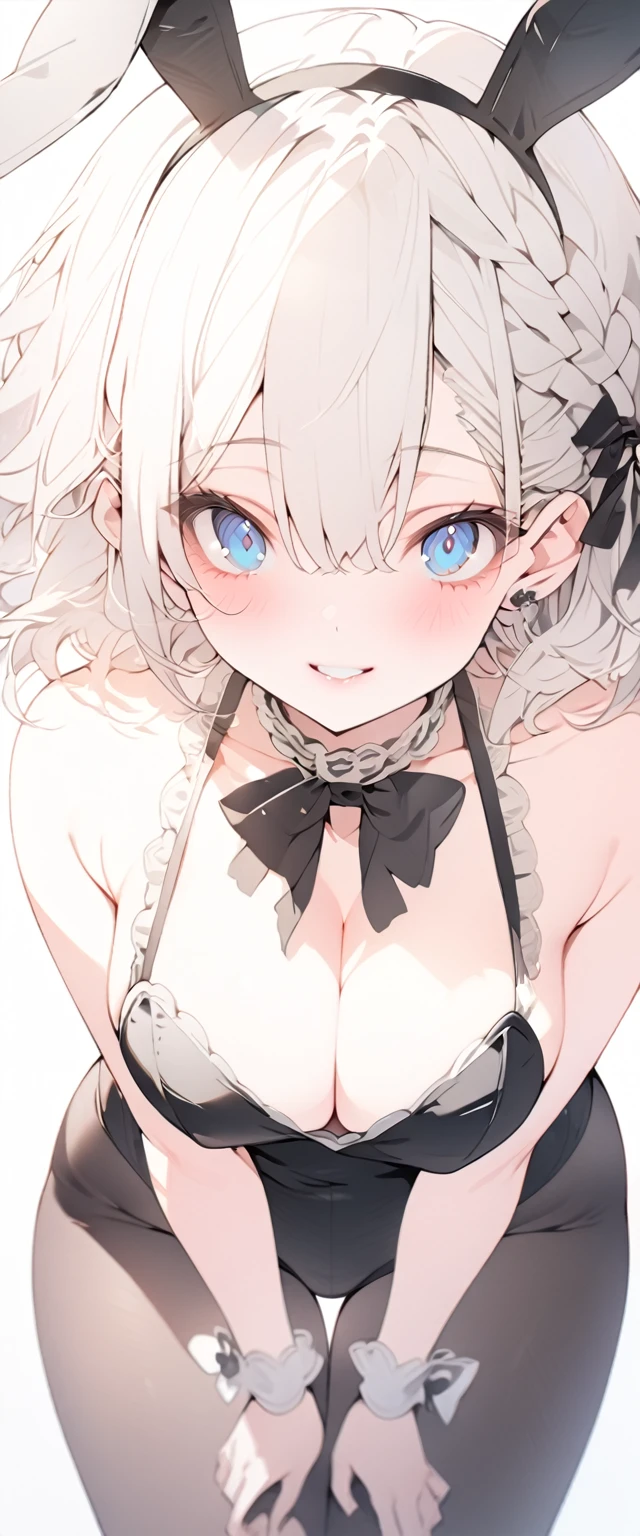 beautiful, masterpiece, Highest quality, anime, One girl,Portrait Shot, View your viewers, Covered、Short Hair、nearby、Blue Eyes、art、White hair,black streaked hair、Thighs、Braid、Bright、smile、Cleavage、 Bunny girl、black tights、