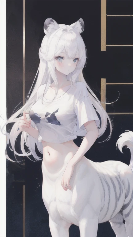 (best quality, masterpiece), 1 girl, centaur, It takes, White skin, Japanese  , exposing the abdomen,belly button t-shirt, beautiful girl perfect real white tiger photo, Perfect real white tiger photo