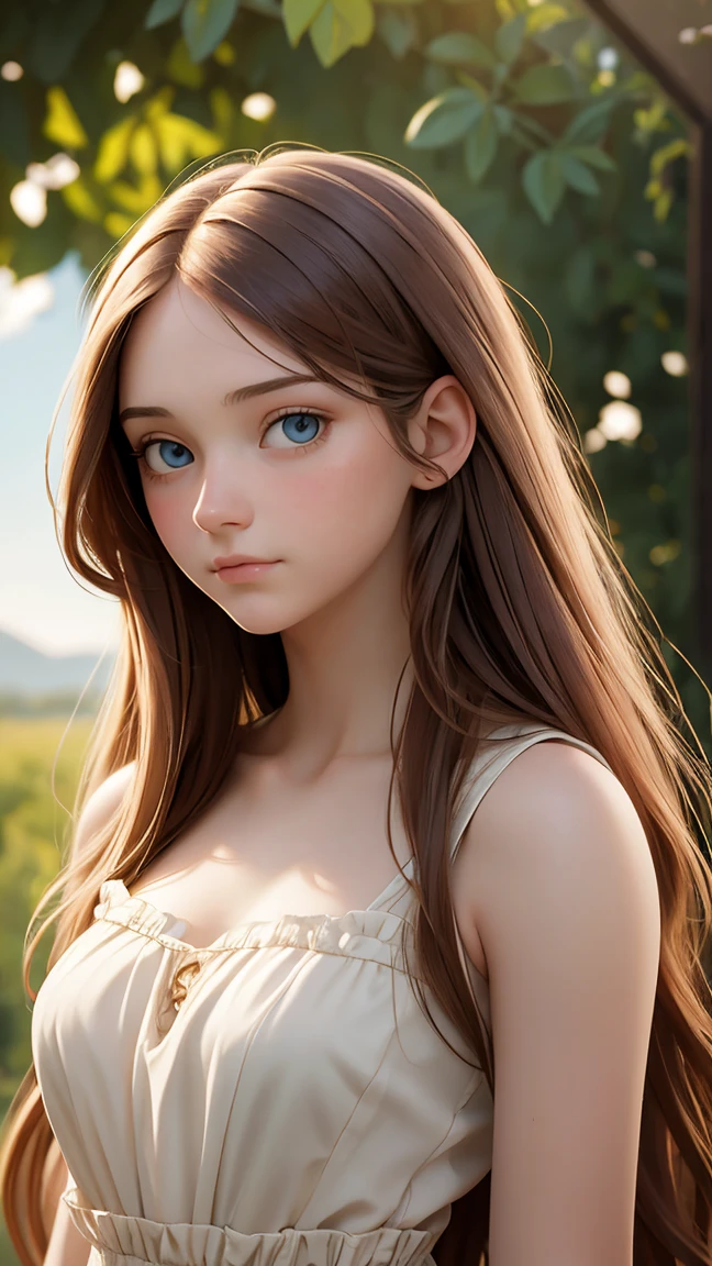 oil painting by Leonardo da Vinci, realistic photography, girl, long hair, her eyes are sweet and vibrant, soft sunlight, pale skin, big bust, sundress, Adobe Illustration, Trending on Artstation, 8K, hd, cinematic, masterpiece, magnificent art, best quality, romanticism