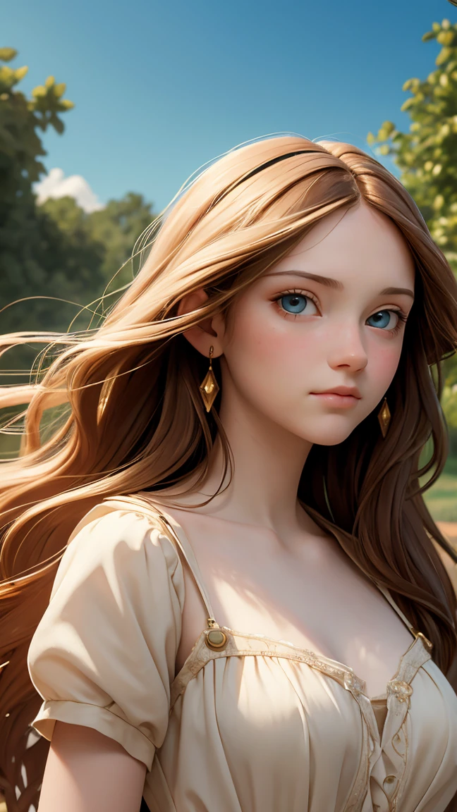 oil painting by Leonardo da Vinci, realistic photography, 16yo girl, long hair, her eyes are sweet and vibrant, soft sunlight, pale skin, big bust, sundress, Adobe Illustration, Trending on Artstation, 8K, hd, cinematic, masterpiece, magnificent art, best quality, romanticism