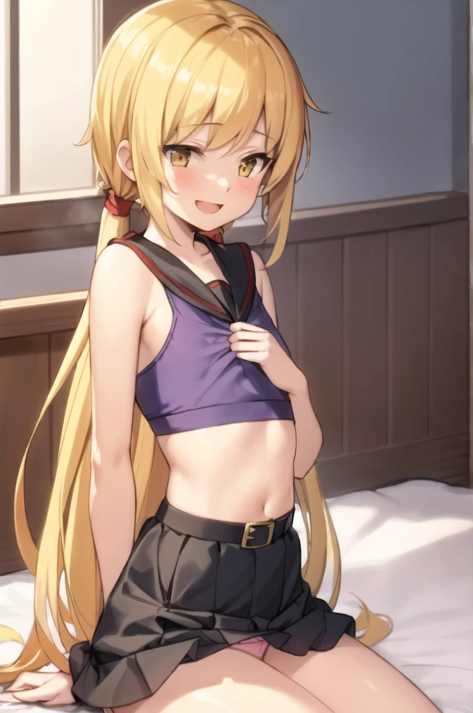 (masterpiece), (Highest quality), (Super detailed), ((Very delicate and beautiful)), One girl, 独奏, (Satsuki), Blonde, Black Sailor Suit, White neckerchief, Crescent Pin, (very long hair), smile, Flat Chest, belt, Black Skirt, Open your mouth, Sitting, on bed,  indoors, Detailed iris, young,  (Skirt Lift), (panties),(panties), (Sports Bra), (In underwear), (Flashy underwear), (lingerie) ,((nsfw))