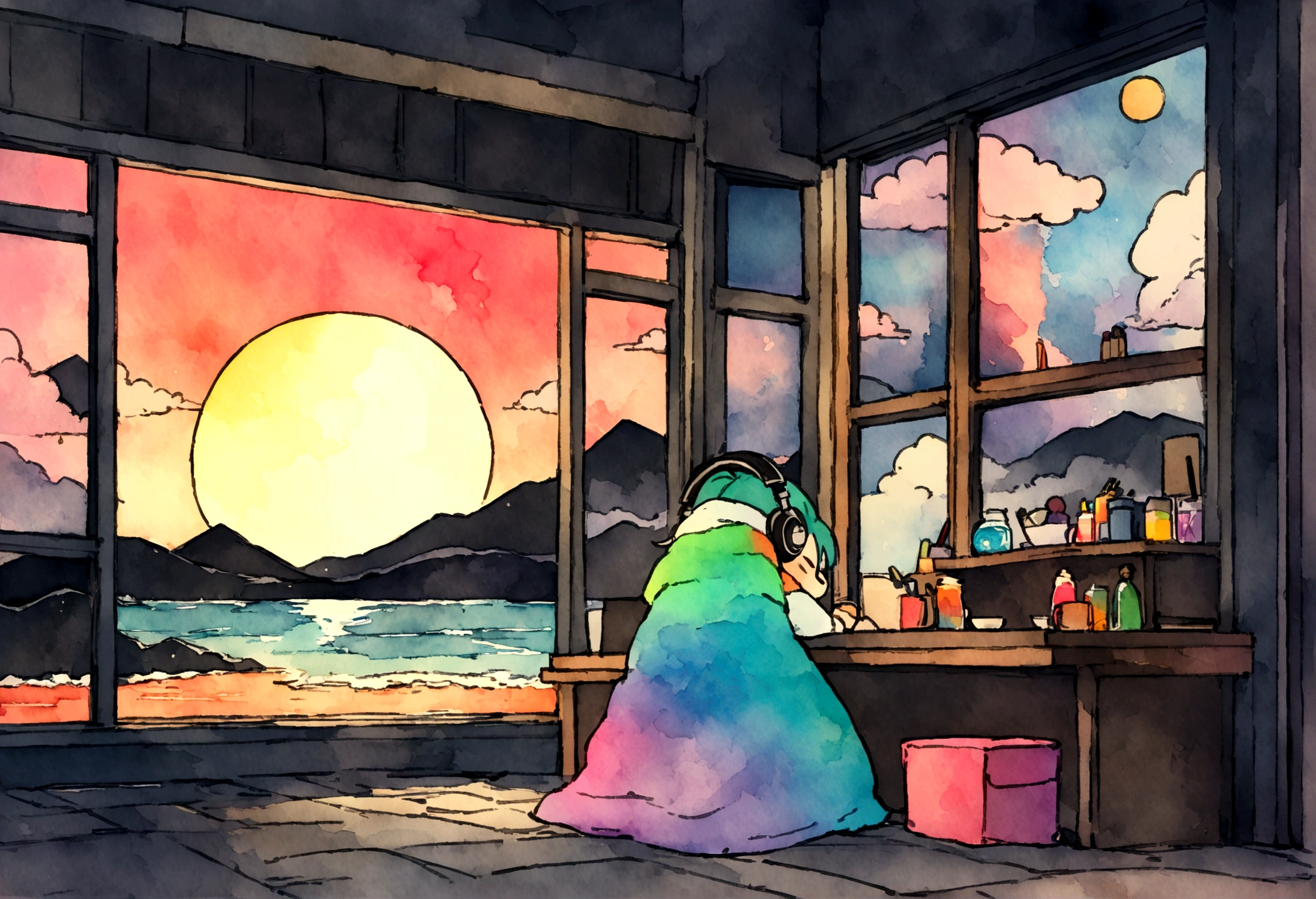 European hippie girl barista brewing coffee at the cafe counter, dream, Please wear headphones, Night Light, Neon scenery on a rainy day, Analog Color Theme, Lo-fi Hip Hop , review, flat, 2.5D ,Draw a line, Ink Painting, Osaka Road, Watercolor, Gouache Color, Studio Ghibli風, Very colorful, Outerton, Krautlock, Lofi Art,Old Texture, amplitude,Psychedelic atmosphere, masterpiece, Technology of Wonders,On the bed,Darken the room,Beautiful sunset at the beach outside the window、Xin Haicheng、Studio Ghibli