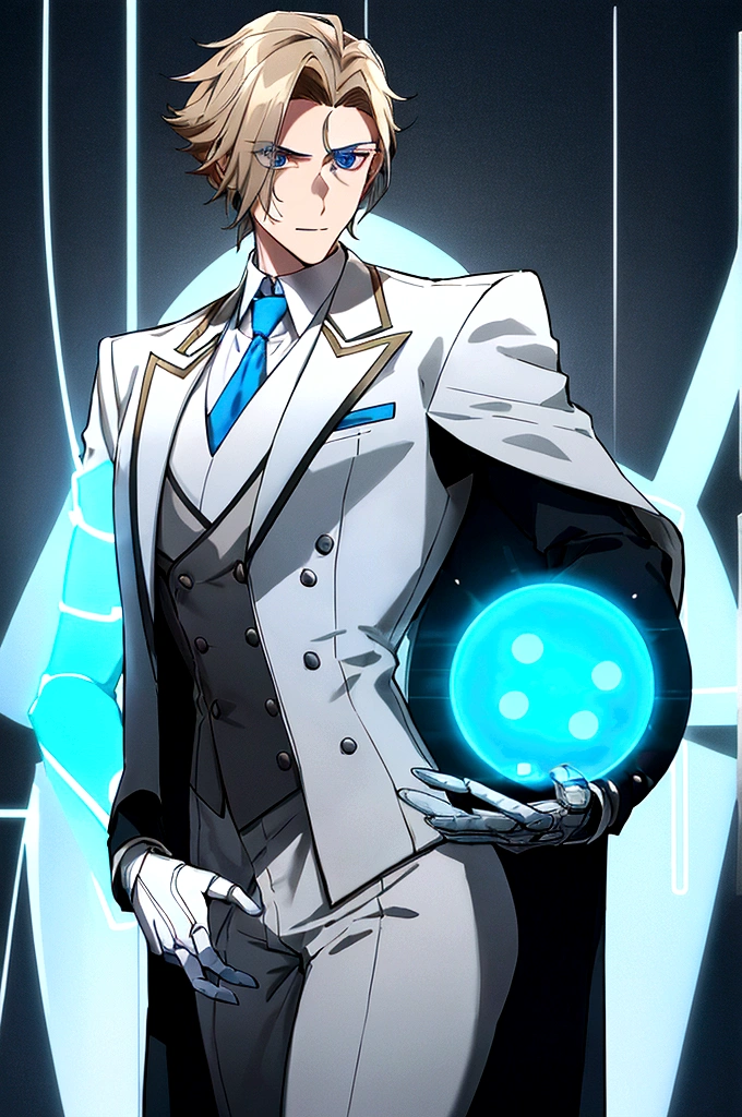 (masculine) (23 years) (a tall, slender young man with a muscular and toned body, His hair is light brown and is messy, covering his forehead., His eyes are blue and his skin is light-skinned..) (robotic body, fitted white suit with neon light blue details) (laboratory background) (with a button in the center of his chest, with circular shape)