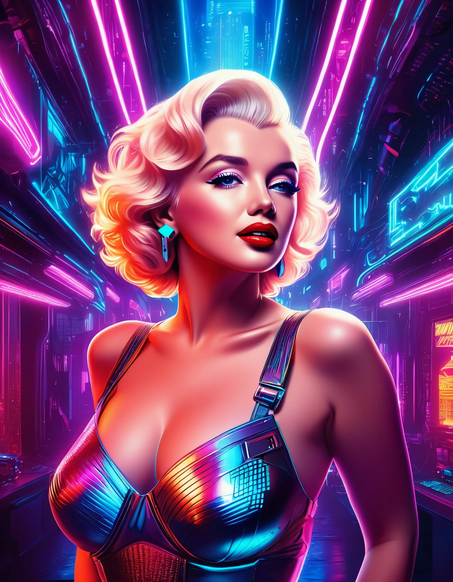 Marilyn Monroe in a cyberpunk setting, with neon lights, metallic textures, and a high-tech, futuristic vibe. Hyper-realistic photo, vibrant colors, 16k