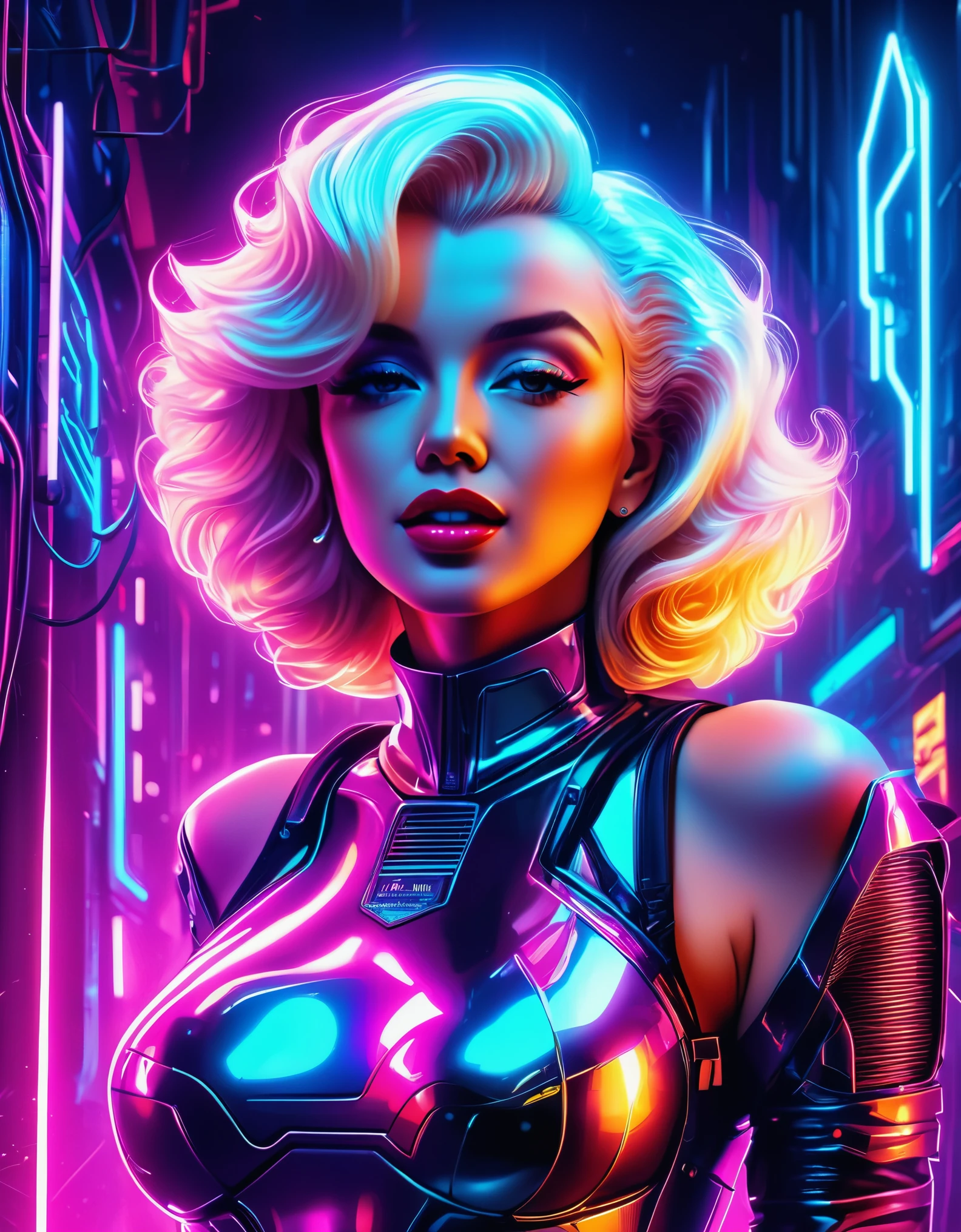 Marilyn Monroe in a cyberpunk setting, with neon lights, metallic textures, and a high-tech, futuristic vibe. Hyper-realistic photo, vibrant colors, 16k