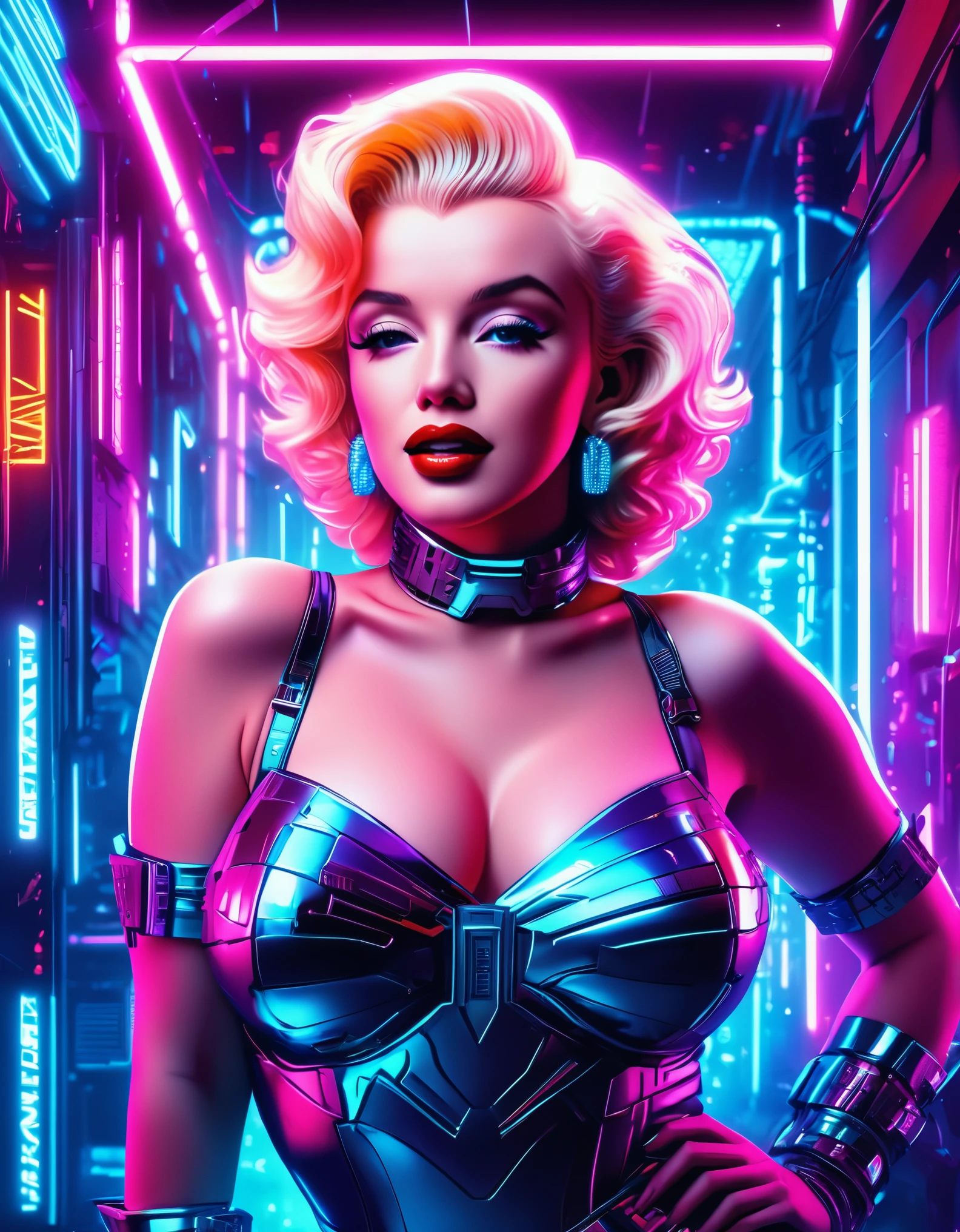 Marilyn Monroe in a cyberpunk setting, with neon lights, metallic textures, and a high-tech, futuristic vibe. Hyper-realistic photo, vibrant colors, 16k