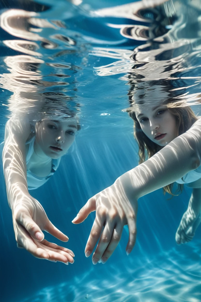 close-up image of hands submerged underwater, pale skin tones, clear ripples and reflections, cool color palette with blues and whites, high-contrast lighting, young adult, realism photograph, inspired by zena holloway, best quality