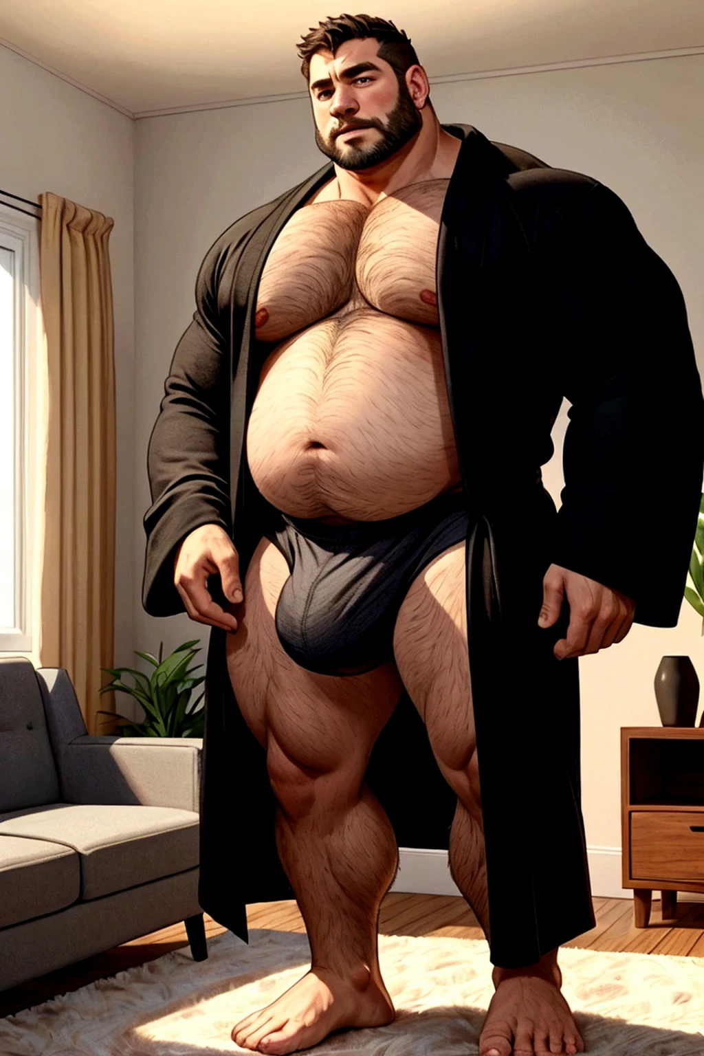 40 years old white Male, tall, giant body, handsome, dad bod, beefy, strong arms and legs, wide shoulders, a bit chubby muscle gut, a bit of fat but still very muscular, extremely hairy, a lot of body hair, short beard, wearing an untie black bathrobe with long sleeves, wearing a black boxer brief, unrealistic oversized big bulge, barefoot, smirking, modern minimalist living room