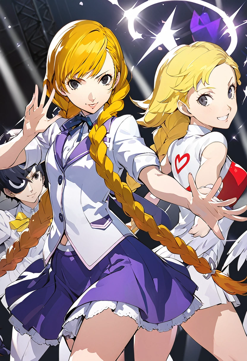 eautiful girl, long braids, blonde hair, black eyes, teen, Persona5 character, Taiga Asaki ,masterpiece, meilleure qualité, pose dynamic, pretty, lavender color, side bangs, idol, character concept art, angelic, shujin academy, skirt