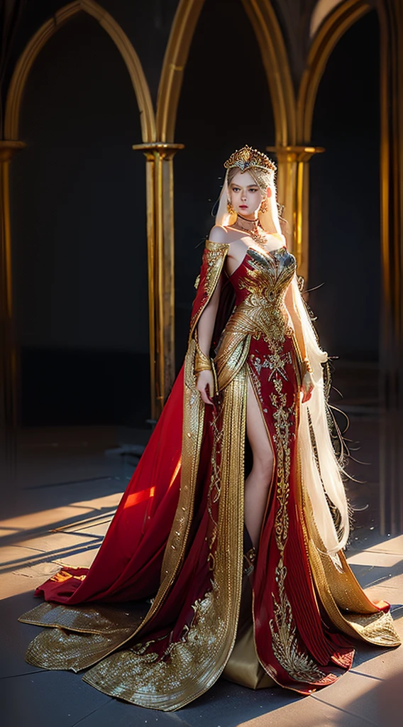 Photorealistic, high resolution, 1 woman, Hips up, Beautiful eyes, White hair, Long hair, tattoo, jewelry, ringed eyes, red and gold dress, tiara, kneeling, two heads on one body,