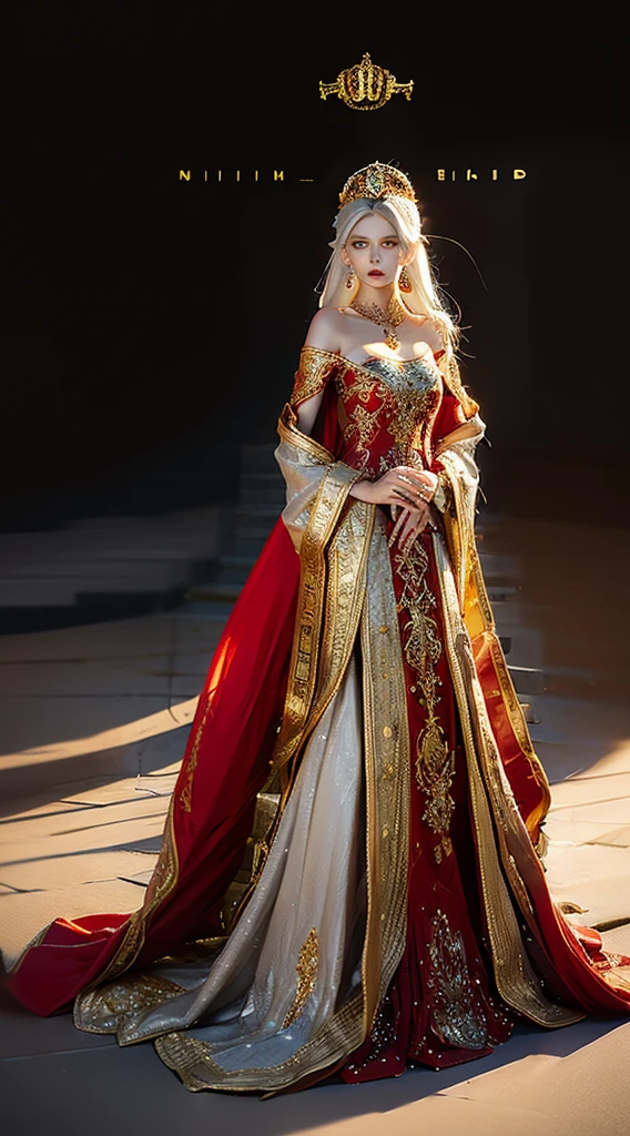 Photorealistic, high resolution, 1 woman, Hips up, Beautiful eyes, White hair, Long hair, tattoo, jewelry, ringed eyes, red and gold dress, tiara, kneeling, two heads on one body,