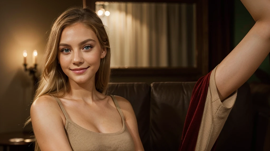 Lily Bowman), posing, modeling full body, with dark red beige casual outfit design, sexy smile, best quality, blur night background with Green Eyes, , Ultra Realistic, Meticulously Detailed, Portrait, Blonde Hair and Big Eyes, Selfie of a Young Woman, Green Eyes, No Makeup, Natural Makeup, Looking Directly at the Camera, face artgram, subtle make-up, Impressive photo, stand, with sexy smile, Medium and large size chest, allowing the face to be seen clearly, night