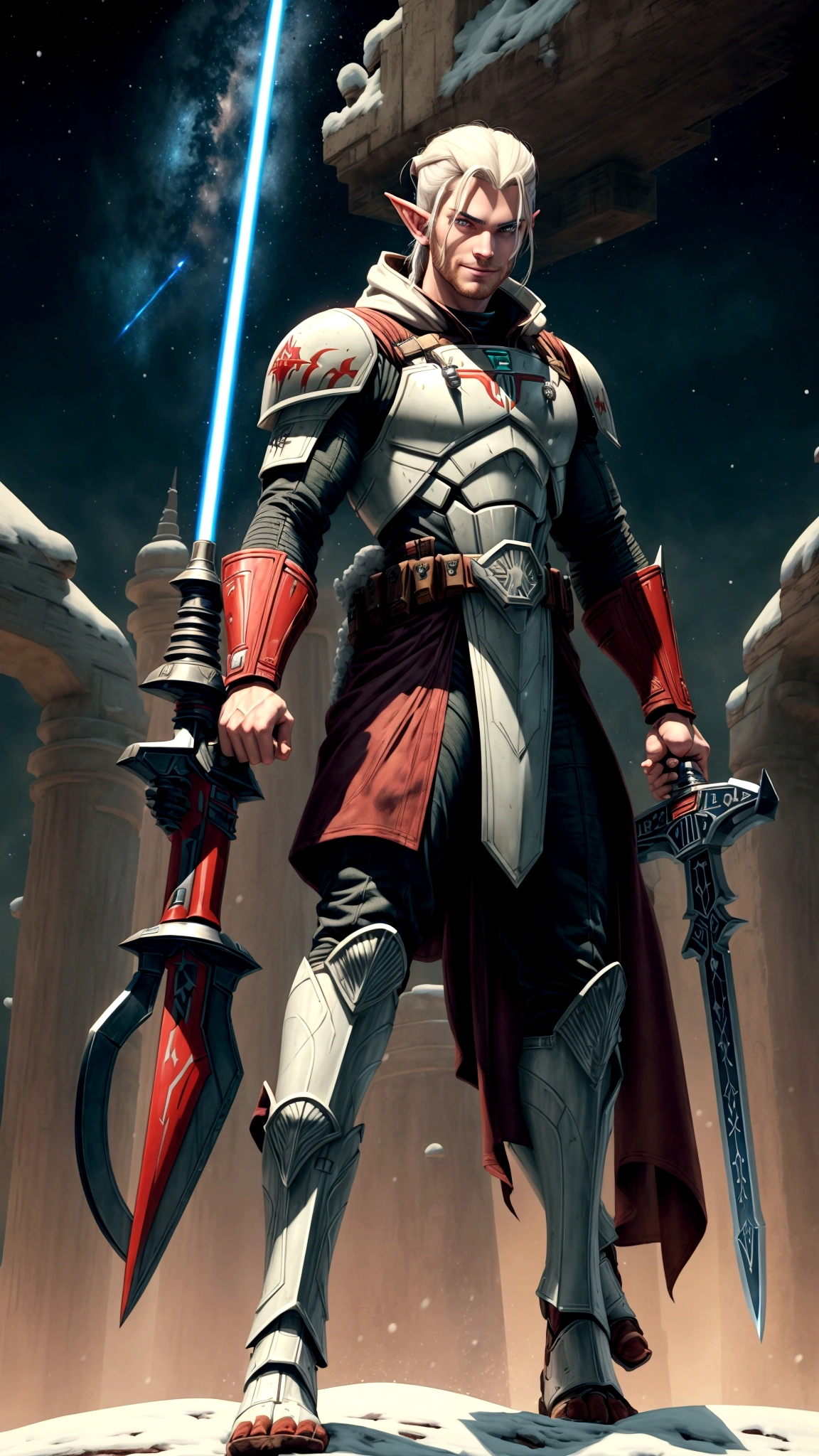 full body portrait, star wars clone wars art style, 3d shading, tall brawny muscular, pale white skin, snow elf, subtle grin, long scarlet red tied back hair, thick eyebrows and stubble, red eyes, holding his twohanded claymore greatsword the large green plasma blade, black half plate armor with a Pauldron and dark brown leather accents, bright space station background