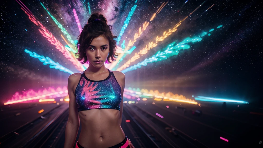 a cute, slender, aerobics instructor, very short brown hair, very short brown hair, very short brown hair, very short brown hair, very short brown hair, brown eyes, dimples, sexy pose; In a kaleidoscopic realm of swirling stardust and neon nebulae, her incandescent form outshines quasars, with obsidian tresses cascading down her silhouette. more neon psychedelic lighting, more neon psychedelic lighting, more neon psychedelic lighting,