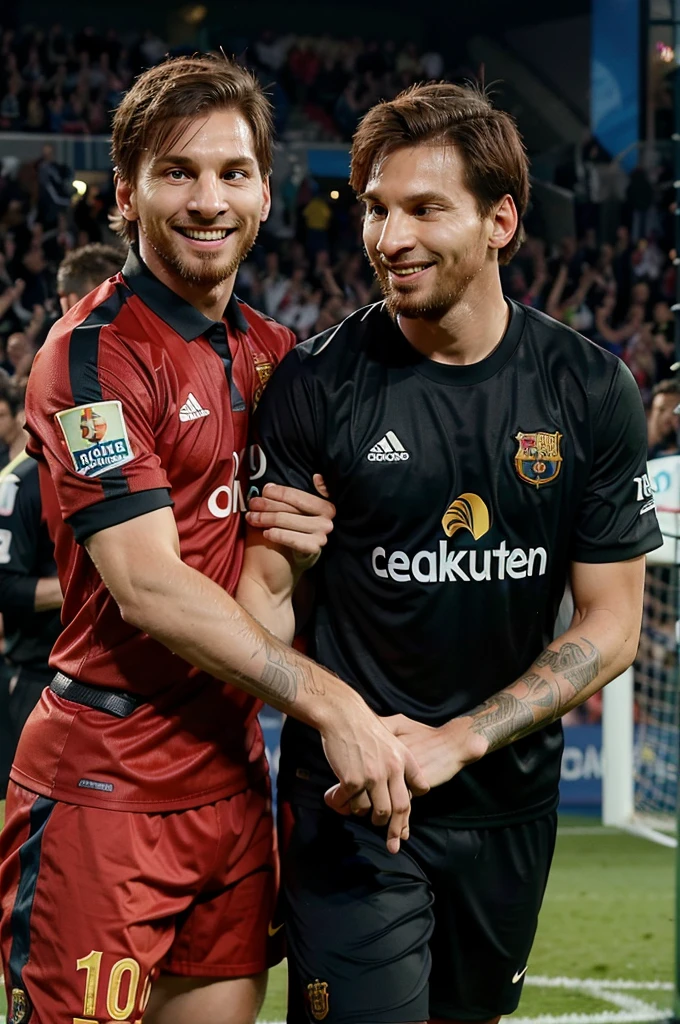 
"Create an image showing Leo Messi being congratulated by smiling referees after scoring a crucial goal. The referees should appear genuinely happy, gesturing positively towards Messi, with a backdrop that suggests a successful and fair sporting event." 