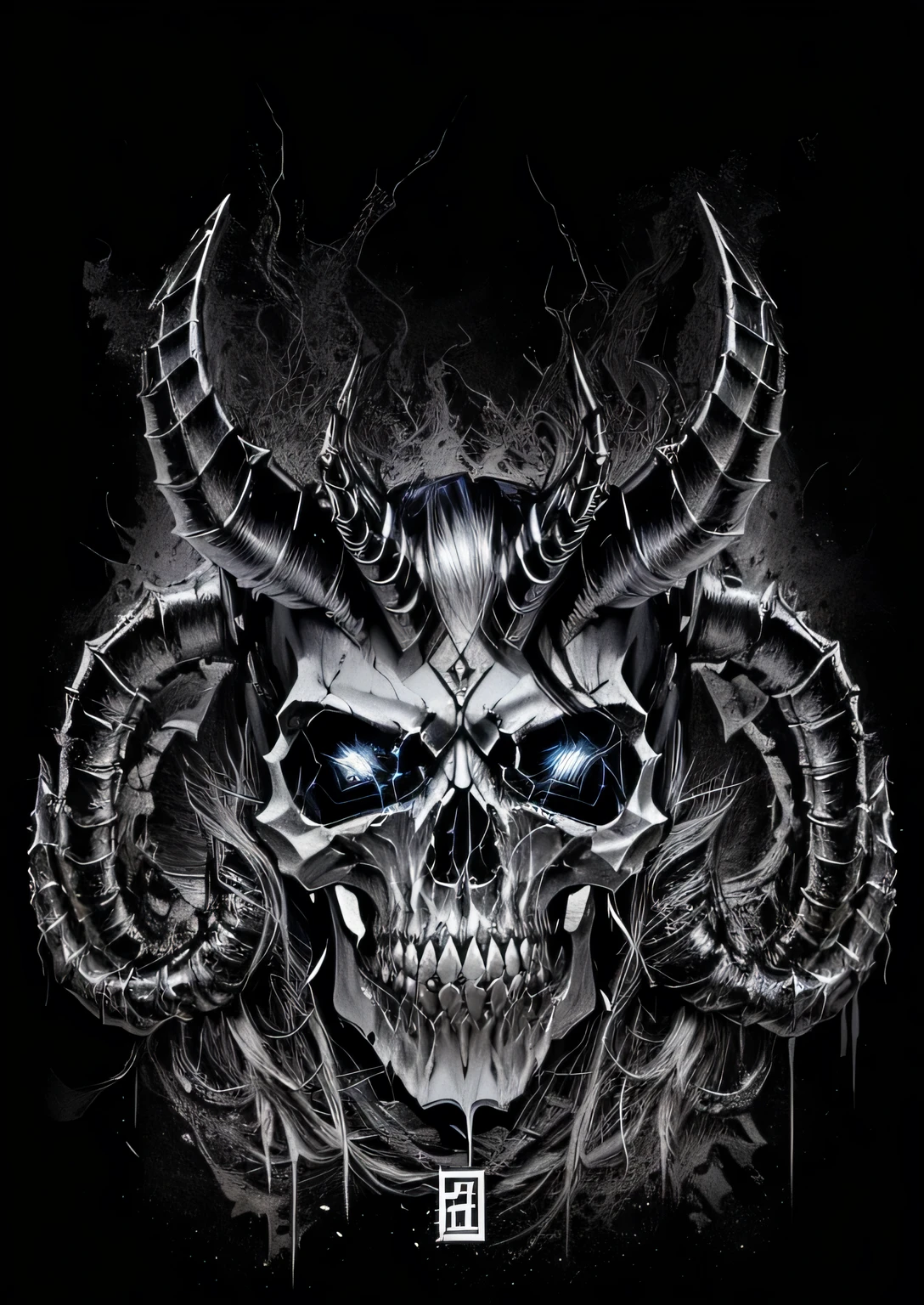 a black and white image of a demon skull with horns, highly detailed dark art, heavy metal t-shirt design, skull design for a rock band, Dark digital art, but detailed, black metal style, just art for dark metal music, dark art style, fantasy skull, heavy metal art style, adorned with demonic skulls, White demon horns, demon horns, high detailed official artwork