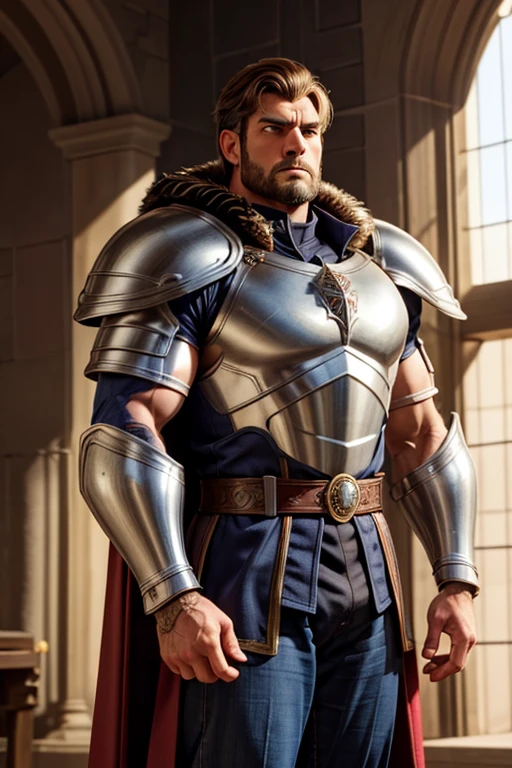 A muscular man, with a medieval appearance wearing a detailed suit of armor.  His expression is serious and focused, conveying determination. The armor is made of shiny metal with intricate plates covering his chest and shoulders. He also wears a heavy fabric cape with a fur collar, adding a regal touch to his attire. The scene appears to take place inside a castle, with tall columns and soft light filtering through the windows in the background. The lighting is gentle, highlighting the details of the armor and the character's muscular build