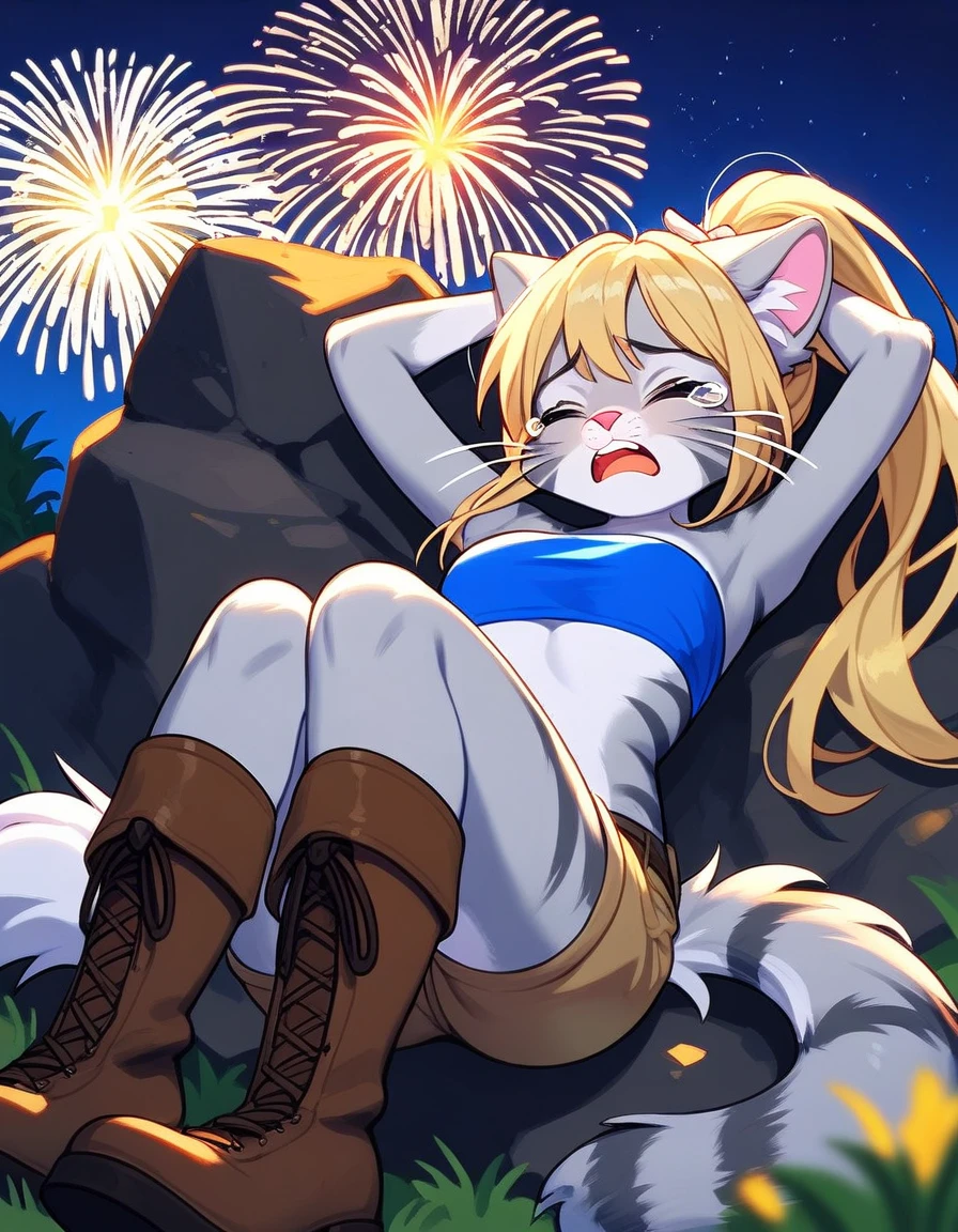 Solo, score_9,score_8_up,score_7_up, source_furry, kat, Anthro furry feline, blonde hair, (ponytail hair), pink nose, :3, white whiskers, silver fur with grey stripes, furry body, wearing blue bandeau, brown short shorts, brown boots, on her knees, (hands on her head):1.3, cowering, scared, hiding behind a rock, outdoors at night, on a grassy field, fireworks in the background, low angle shot, screaming, tearing up, closed eyes