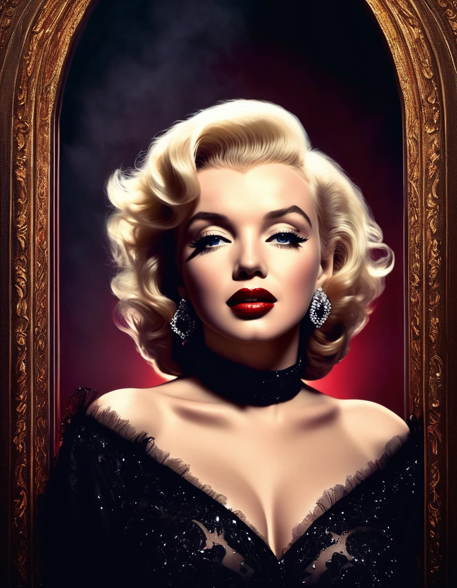 Marilyn Monroe in a gothic romantic style, with dark, moody tones, dramatic lighting, and an air of mystery and drama. Hyper-realistic photo, vibrant colors, 16k