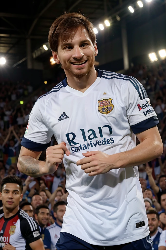 "Create an image showing Leo Messi being congratulated by smiling referees after scoring a crucial goal. The referees should appear genuinely happy, gesturing positively towards Messi, with a backdrop that suggests a successful and fair sporting event."