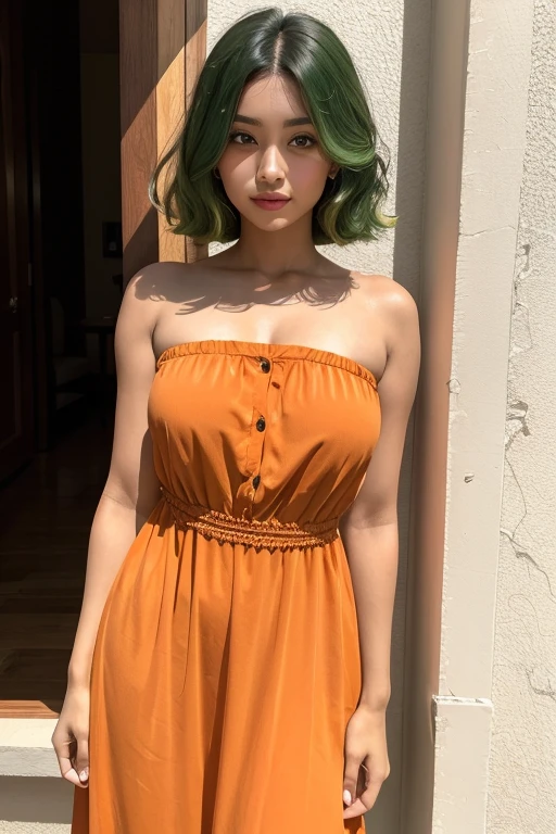 Woman green hair beautiful brown eyes tanned skin wearing orange dress 