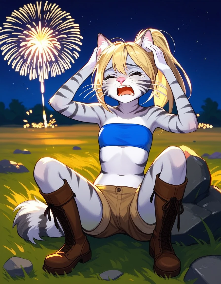 Solo, score_9,score_8_up,score_7_up, source_furry, kat, Anthro furry feline, blonde hair, (ponytail hair), pink nose, :3, white whiskers, silver fur, grey stripes, furry body, wearing blue bandeau, brown short shorts, brown boots, on her knees, hands on her head, covering her ears, cowering, scared, hiding behind a rock, on a grassy field, outdoors at night, fireworks in the background, screaming, tearing up, closed eyes