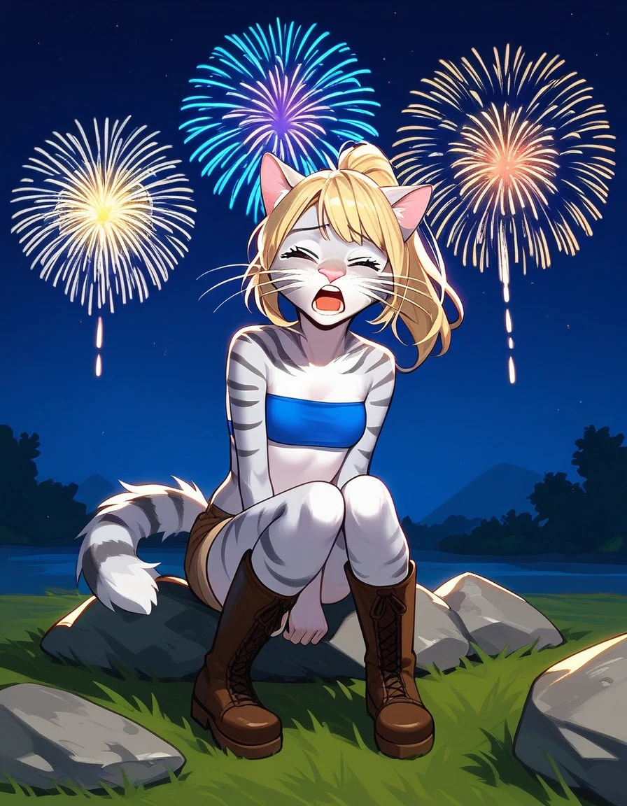 Solo, score_9,score_8_up,score_7_up, source_furry, kat, Anthro furry feline, blonde hair, (ponytail hair), pink nose, :3, white whiskers, silver fur, grey stripes, furry body, wearing blue bandeau, brown short shorts, brown boots, on her knees, hands on her head, covering her ears, cowering, scared, hiding behind a rock, on a grassy field, outdoors at night, fireworks in the background, screaming, tearing up, closed eyes