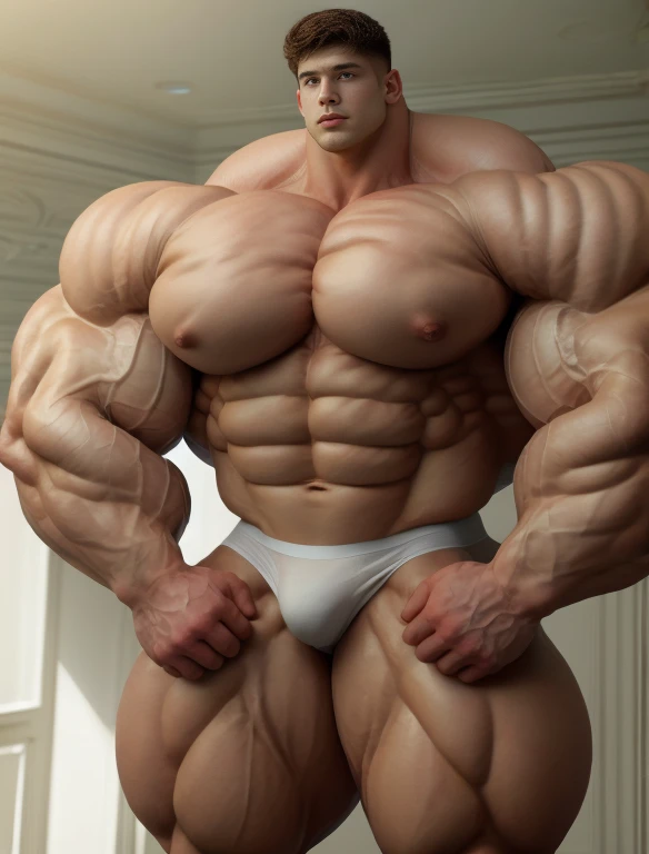 1boy, giant, alone, giant bodybuilder, illuminating light, strong body, bulk, large size, stay in white room, indoor, hand on hip, nude, white triangular underwear, massive bulge, hard bulge, extraordinary big, brutalmass, giant muscular body, bulk, buff, massive body, large meaty body size, extremely wide body,