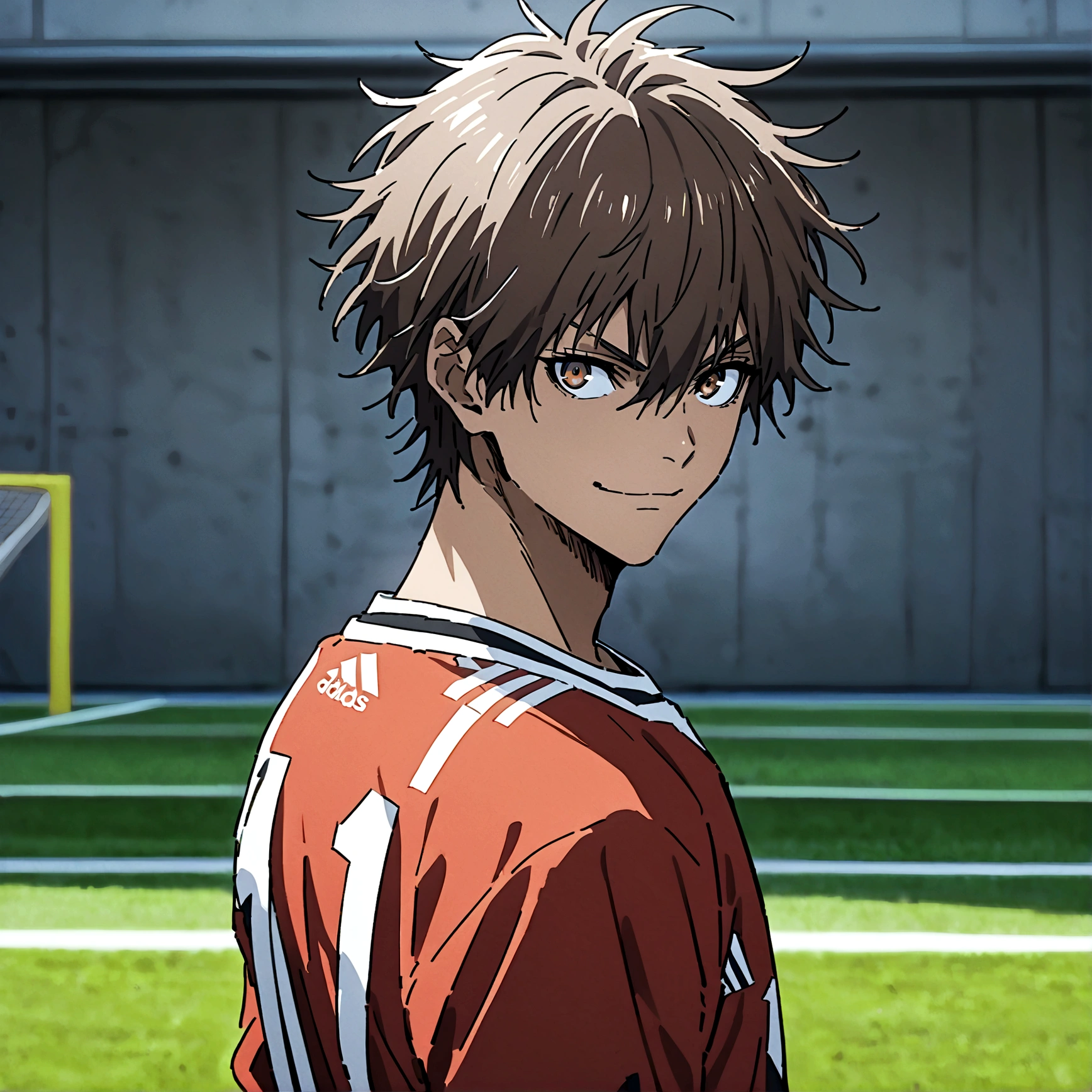 1boy, lion eyes, Vestindo a camisa da seleção da Espanha da Adidas, Sentado no centro do campo, brown eyes, fashionable hair, brown hair, red shirt, number 11, looking at the side, upperbody, messy hair, detailed eyes, {brown skin}, {smirk}, masterpiece, best quality, very {{{long hair}}}