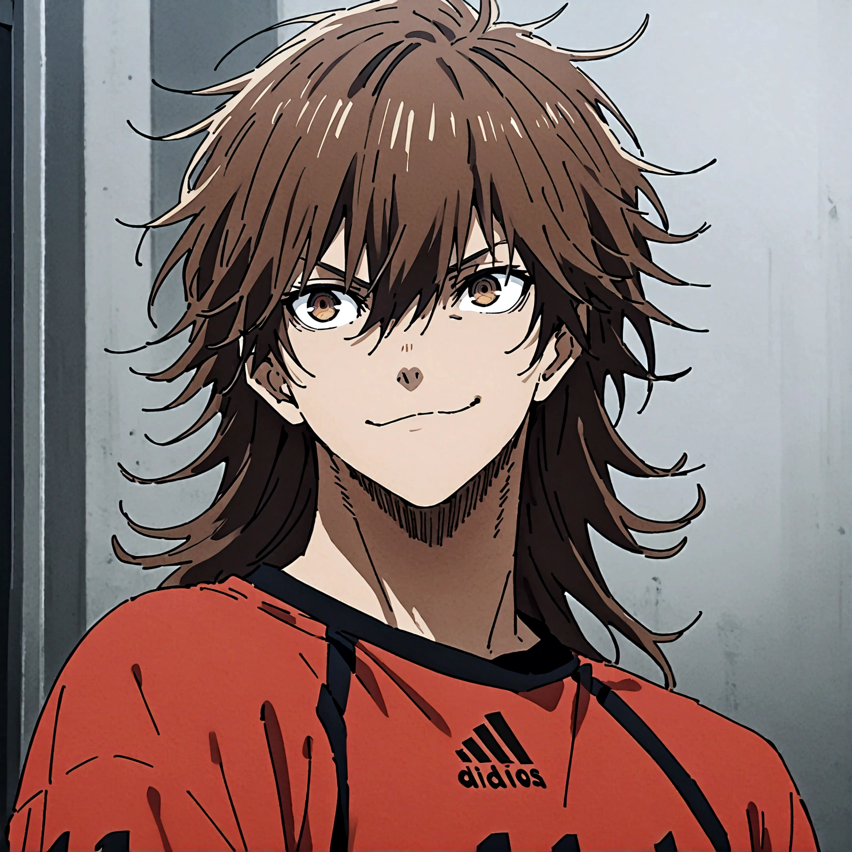 1boy, lion eyes, Vestindo a camisa da seleção da Espanha da Adidas, Sentado no centro do campo, brown eyes, fashionable hair, brown hair, red shirt, number 11, looking at the side, upperbody, messy hair, detailed eyes, {brown skin}, {smirk}, masterpiece, best quality, very {{{long hair}}}