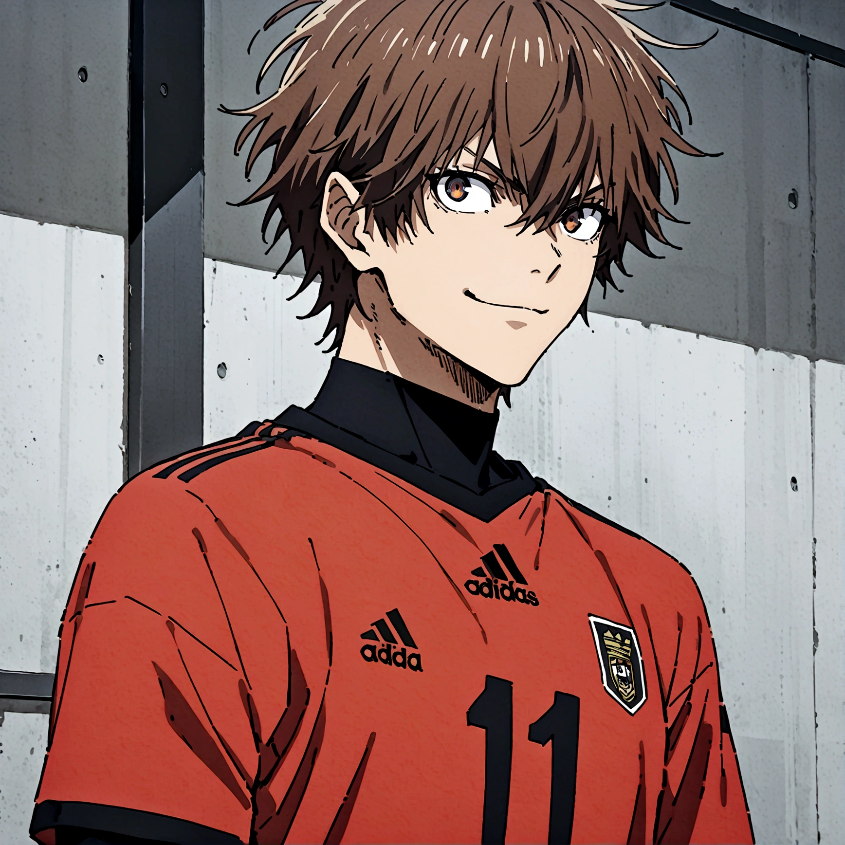 1boy, lion eyes, Vestindo a camisa da seleção da Espanha da Adidas, Sentado no centro do campo, brown eyes, fashionable hair, brown hair, red shirt, number 11, looking at the side, upperbody, messy hair, detailed eyes, {brown skin}, {smirk}, masterpiece, best quality, very {{{long hair}}}