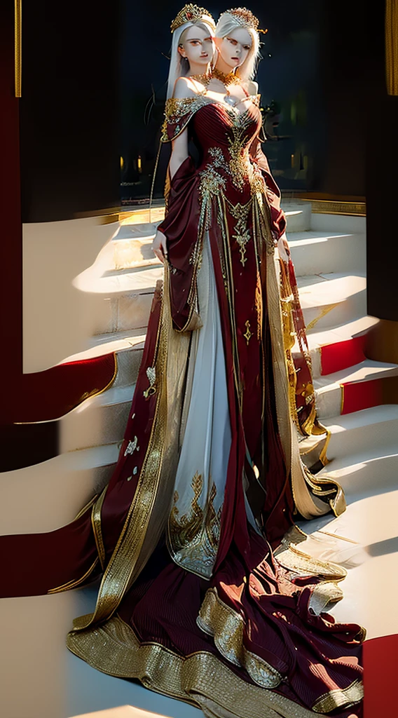 Photorealistic, high resolution, 1 woman, Hips up, Beautiful eyes, White hair, Long hair, tattoo, jewelry, ringed eyes, red and gold dress, tiara, kneeling, two heads on one body,
