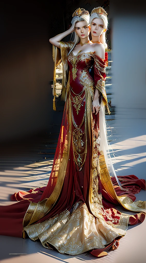 Photorealistic, high resolution, 1 woman, Hips up, Beautiful eyes, White hair, Long hair, tattoo, jewelry, ringed eyes, red and gold dress, tiara, kneeling, two heads on one body,