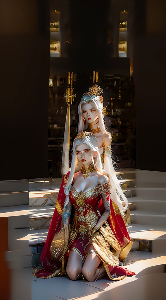 Photorealistic, high resolution, 1 woman, Hips up, Beautiful eyes, White hair, Long hair, tattoo, jewelry, ringed eyes, red and gold dress, tiara, kneeling, two heads on one body,