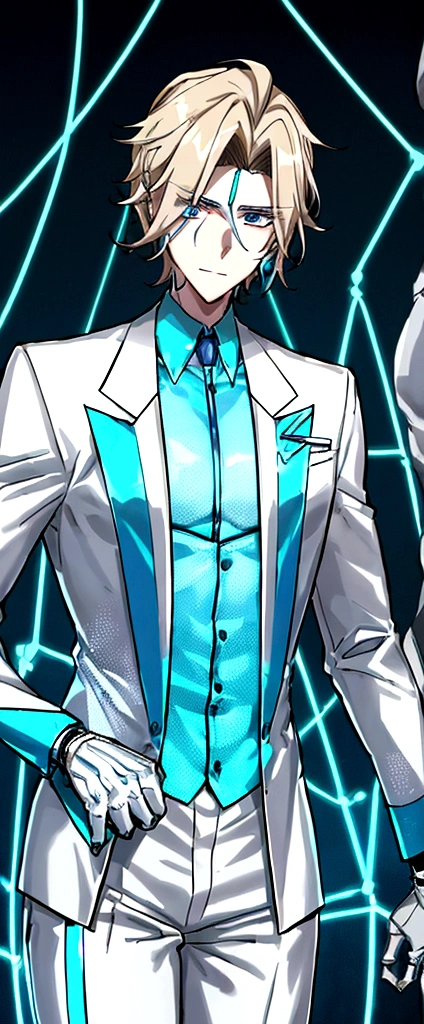 (masculine) (23 years) (a tall, slender young man with a muscular and toned body, His hair is light brown and is messy, covering his forehead., His eyes are blue and his skin is light-skinned..) (robotic body, fitted white suit with neon light blue details) (laboratory background, with shiny wires)
