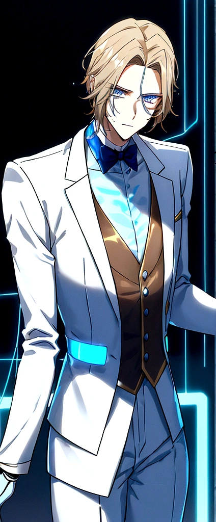 (masculine) (23 years) (a tall, slender young man with a muscular and toned body, His hair is light brown and is messy, covering his forehead., His eyes are blue and his skin is light-skinned..) (robotic body, fitted white suit with neon light blue details) (laboratory background, with shiny wires)