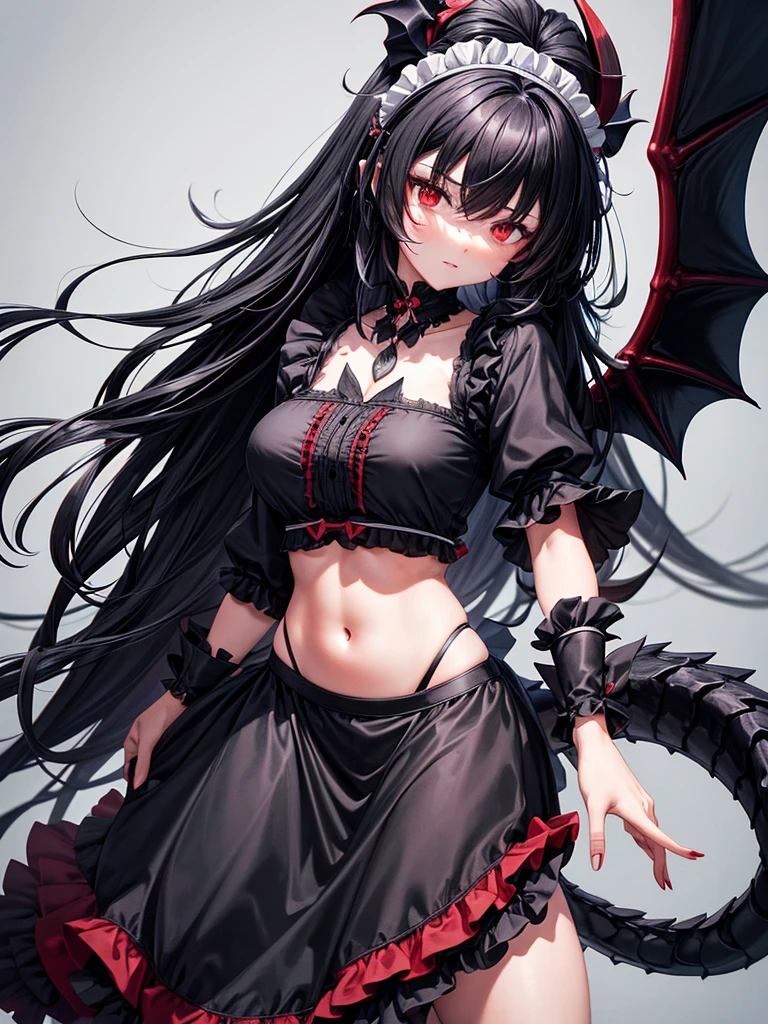 A black dragon woman maid, wears a maid outfit showing her panties over her skirt, has long black shaggy hair, has red eyes, has dragon horn, dragon wings and dragon tail, black background.A black dragon woman maid, wears a maid outfit showing her panties over her skirt, has long black shaggy hair, has red eyes, has dragon horn, dragon wings and dragon tail, black background.