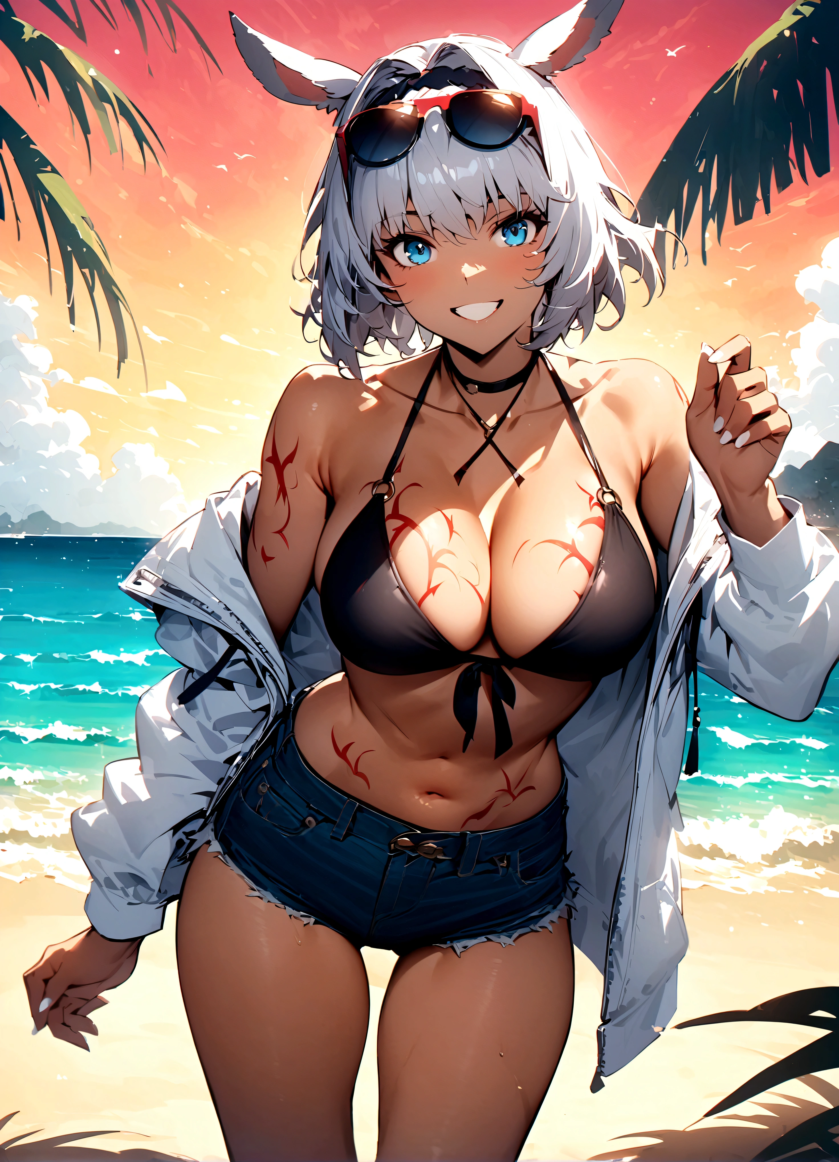 (masterpiece、Highest quality:1.2)、caenis、FGO、summer、bikini、One girl、solo、Big Breasts、Staring at the audience、smile、short hair、Gray Hair、bangs、blue eyes、Animal Ears、Cleavage、Bare shoulders、Swimwear、White jacket、Denim shorts、Open clothes、hair band、、smile、黒のbikini、sunglasses、Glasses on head、Body pattern、White nails、Beach、Palm tree