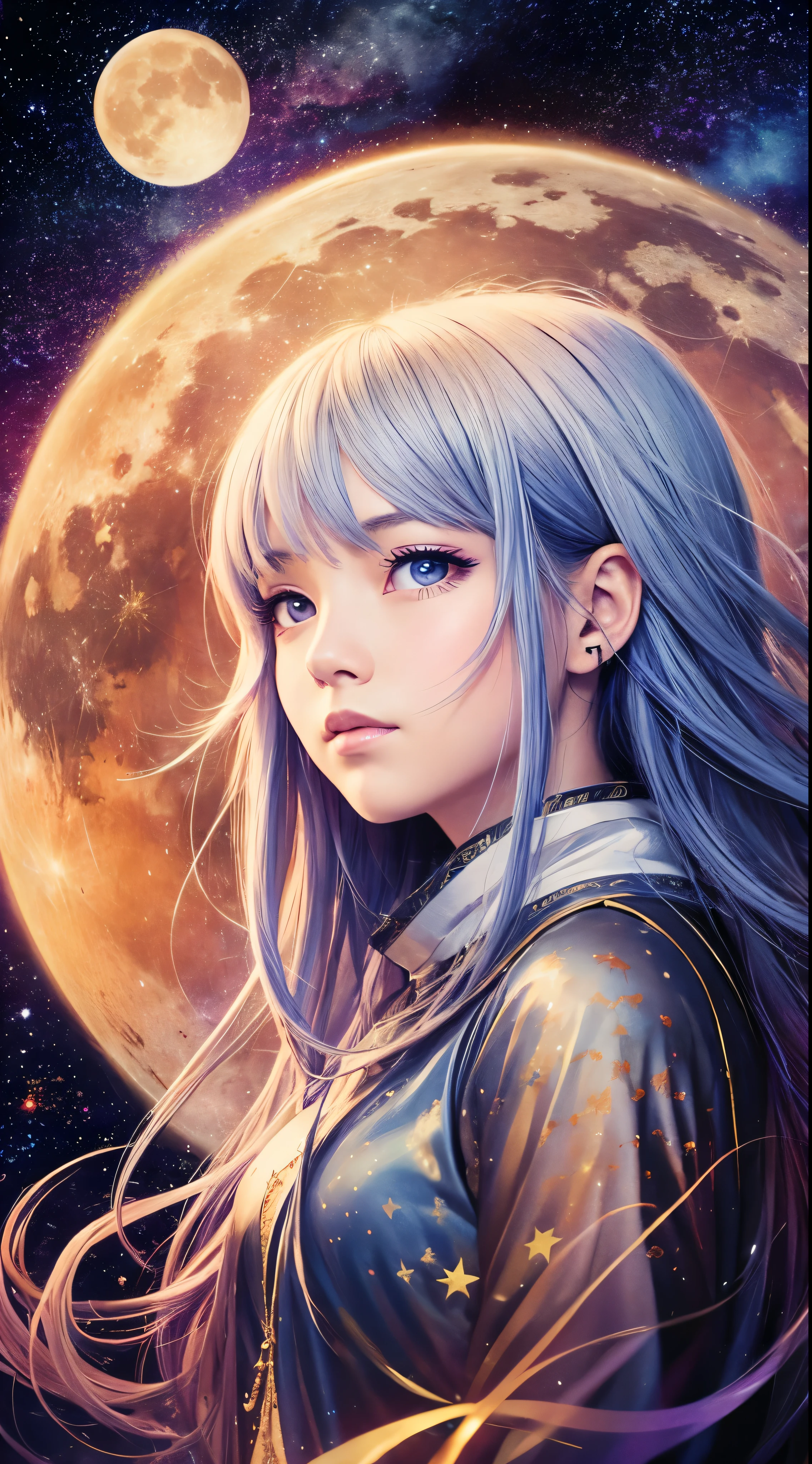A highly condensed beauty dressed in a painting of stars and moons in the river and sky, concept art inspired by Tosa Mitsuoki, pixiv competition winner, best quality, fantasy art, beautiful anime scenes, a round of bright moon, starry sky environment in the moonlight, dream painting, anime background art, dream landscape art, fantastic night, anime background, background artwork, fantastic art, atmospheric anime, starry sky, detail enhancement.  