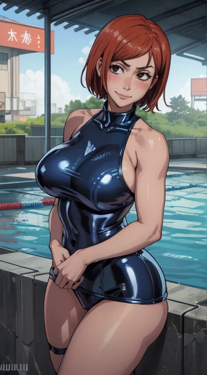 (best qualityer:1.3), (4K quality), Nobara Kugisaki for jujutsu no kaisen, ((face detailed)),((sorrido)), ((body curvy)), (big boobies), cleaveage, sexly, ((swimpool)), ((blue latex bikini))