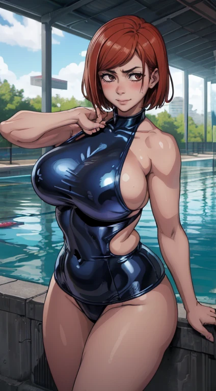(best qualityer:1.3), (4K quality), Nobara Kugisaki for jujutsu no kaisen, ((face detailed)),((sorrido)), ((body curvy)), (big boobies), cleaveage, sexly, ((swimpool)), ((blue latex bikini))